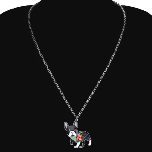 Vista 2 de BONSNY Collar de Bulldog Francés con diamantes de imitación esmaltados, diseño original para mujeres y niños
