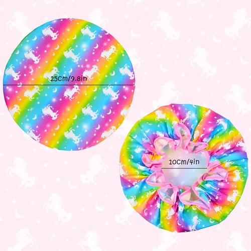 Vista 3 de Olypegic Gorro de ducha para niños, 3 piezas, para niñas, reutilizable, impermeable, ajustable, grande, con unicornio, sirena, arco iris, lindo