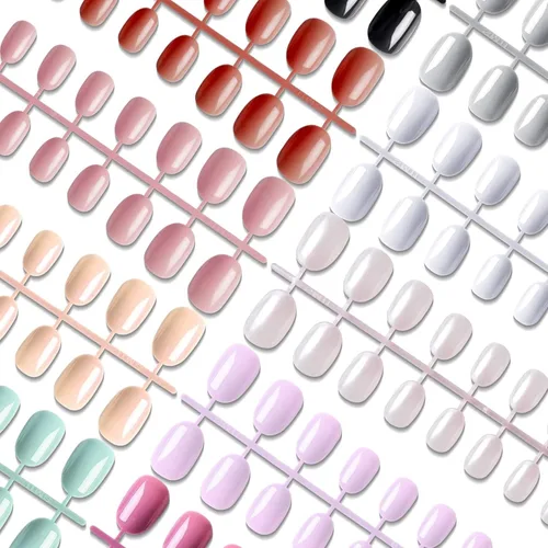 Vista 8 de EBANKU 960 uñas postizas cortas y coloridas para mujer, uñas ovaladas a presión, acrílicas brillantes, cobertura completa, puntas de uñas postizas