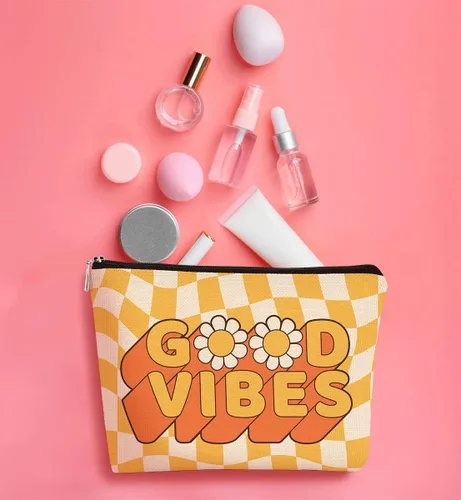 Vista 3 de Good Vibes - Bolsa de maquillaje inspiradora con margaritas amarillas y blancas a cuadros, el mejor regalo para adolescentes, niñas, hermana, novia