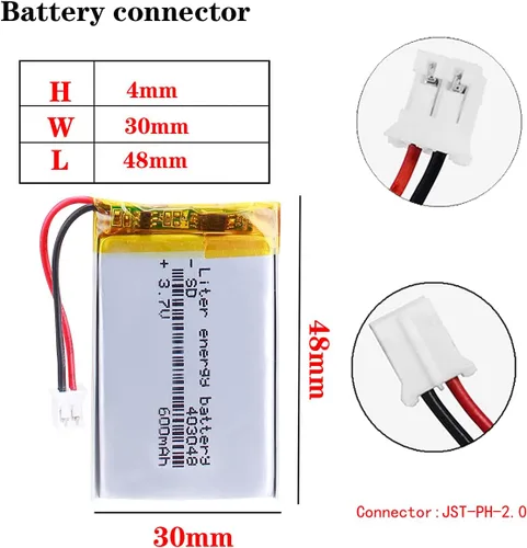 Vista 2 de Liter 403048 Lipo batería recargable de polímero de litio de 3,7 V 600 mAh con conector JST de 0.079 in