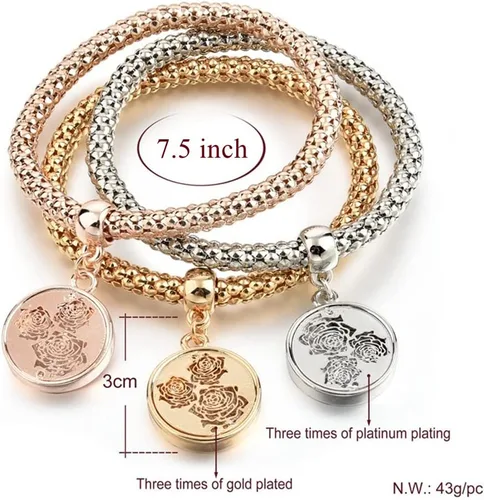 Vista 3 de SILANER Pulseras multicapa con dijes de cristal, 3 pulseras de cadena de maíz de oroplataoro rosa para mujer, pulsera elástica en forma de corazón