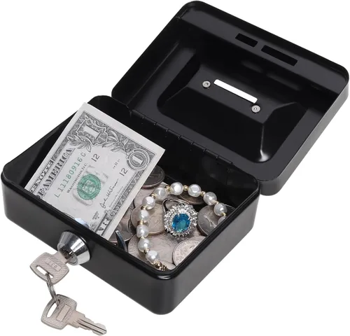 Vista 3 de Caja de dinero pequeña con cerradura y ranura, caja de dinero para efectivo, alcancía para niños, color negro