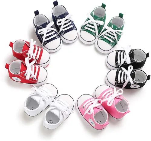 Vista 9 de Zapatos de bebé para niñas o niños suaves suela antideslizante para recién nacidos y primeros pasos de estrella tenis caña alta de lona mezclilla