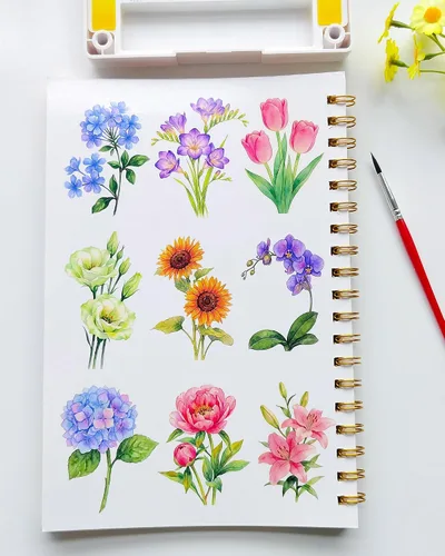 Vista 6 de Cuaderno de trabajo de acuarela 15 hermosas pinturas de flores para adultos y adolescentes principiantes, libro para colorear al agua, 140 libras