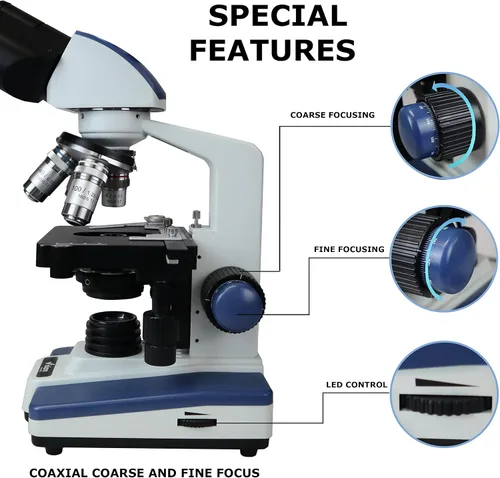 Vista 5 de Microscopio compuesto binocular Siedentopf VS-60B-RC, aumento 40X-2500X, oculares de campo ancho 10X y 25X, etapa mecánica de doble capa