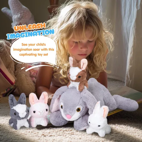 Vista 6 de WEWILL Conejito de peluche de 18 pulgadas, 5 piezas, juguete de peluche con 4 conejos bebés, regalos para cumpleaños y Pascua, color gris