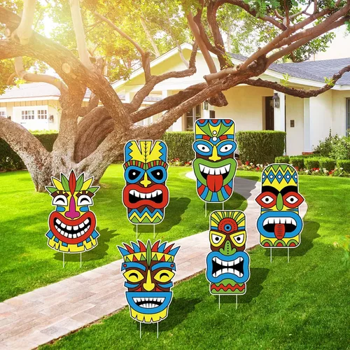 Vista 5 de Letreros grandes de Luau Tiki para patio, 6 piezas con estacas para exteriores, césped, playa, arena, decoraciones de fiesta de verano con temática