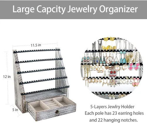 Vista 3 de Soporte organizador de aretes de tuerca de 5 niveles con caja de joyería de madera 175 agujeros colgantes bandejas organizadoras de joyería