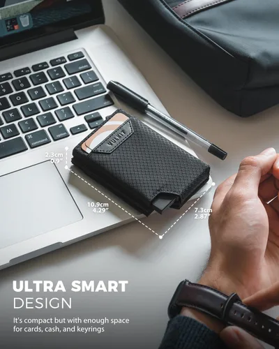 Vista 6 de VULKIT Tarjetero desplegable plegable con compartimento para dinero, estuche para tarjetas de visita minimalista con bolsillo frontal, Negro