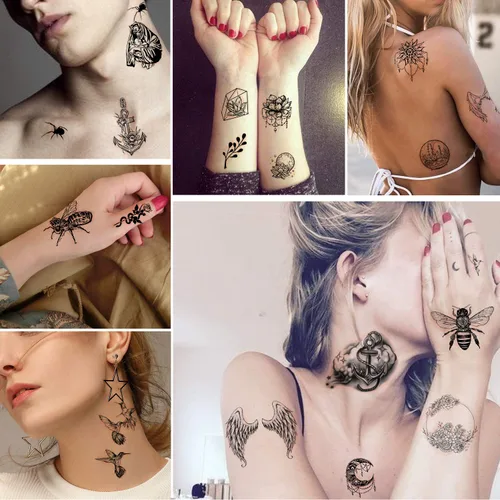 Vista 3 de Yazhiji - Tatuajes temporales impermeables – 60 hojas, pequeña colección de tatuajes falsos, flores, coronas, estrellas, animales, mariposas