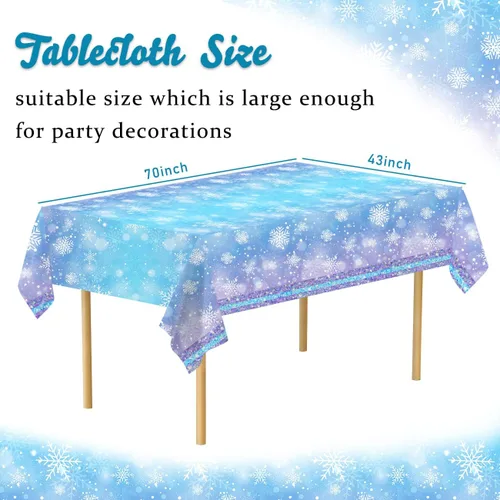 Vista 2 de Mantel de copo de nieve azul y blanco, 3 piezas, mantel rectangular de plástico desechable, 70 x 43 pulgadas, suministros para fiesta de cumpleaños