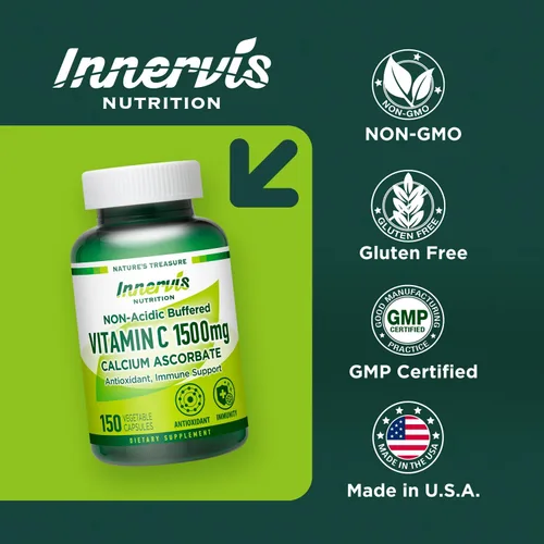 Vista 6 de Innervis Nutrition - Vitamina C tamponada de 1500 mg, cápsulas de ascorbato de calcio no ácidas aptas para el estómago para el apoyo inmunológico
