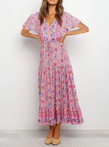 Vista 3 de R.Vivimos - Vestido de verano holgado para mujer, tela de algodón, estampado floral, manga corta