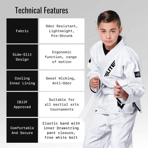 Vista 3 de Elite Sports Kids BJJ GI - Kimono brasileño Jiujitsu Gi con tela preencogida y cinturón, para niños y jóvenes, aprobado por la IBJJF