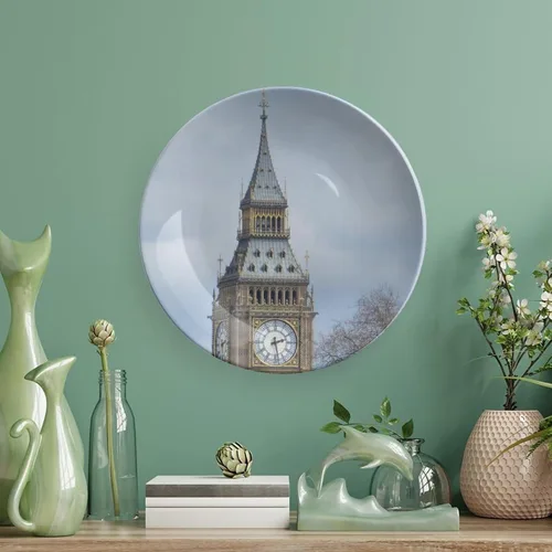 Vista 5 de Plato decorativo para exhibición, plato Big Ben London, plato redondo de cerámica, platos conmemorativos con soporte, adorno de porcelana