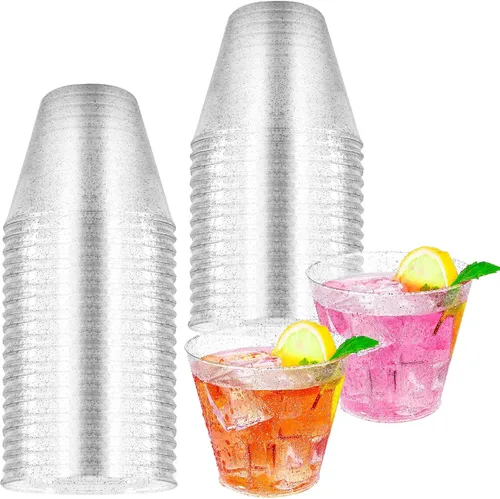 Vista 9 de HKACSTHI 25 vasos de plástico desechables de 9 onzas, copas de vino con purpurina, vasos de plástico transparente, vasos de postre, vasos para beber