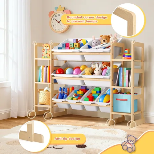 Vista 4 de Fuilee Organizador de almacenamiento de juguetes de madera para niños, organizador de juguetes de varios niveles con contenedores y estantes