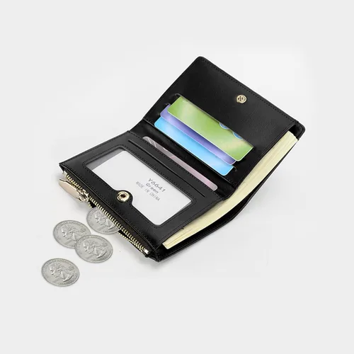 Vista 5 de Billeteras delgadas y pequeñas de cuero con bolsillo, tarjetero, plegable, triple, monedero para mujer con cremallera (negro)