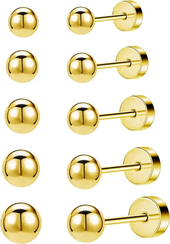 Vista 15 de JINEAR 5 pares de aretes de tuerca para mujer, chapados en oro/plata de 14K, perla, aretes pequeños tipo bola, conjunto de piercing de cartílago 1