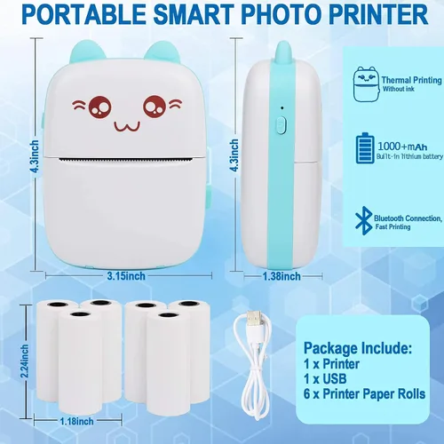 Vista 9 de Impresora portátil, mini impresora térmica inalámbrica Bluetooth de bolsillo con 6 rollos de papel de impresión para teléfono inteligente Android