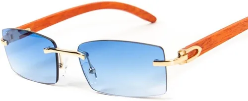 Vista 4 de Lentes de sol rectangulares azules con montura dorada sin montura para mujeres y hombres, estilo vintage, estilo hip hop, estilo hip hop, sin marco