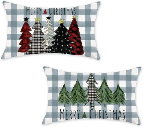 Vista 25 de ONWAY Juego de 2 fundas de almohada de Navidad de 16 x 16 pulgadas, fundas de almohada de Navidad de búfalo rojo a cuadros, color negro y verde Beige