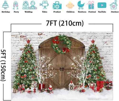 Vista 4 de Mocsicka Telón de fondo de fotografía de Navidad con puerta de granero, árbol de Navidad, regalos de nieve, decoración de fondo de fotos de casa