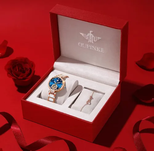 Vista 5 de OUPINKE Relojes automáticos para mujer, con diamantes elegantes, de vestir, de esqueleto, mecánico, cuerda automática, impermeable, luminoso