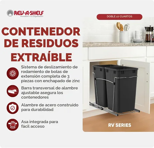 Vista 2 de Cesto de basura doble y extraíble RV V-15KD-18CS de Rev-A-Shelf Negro
