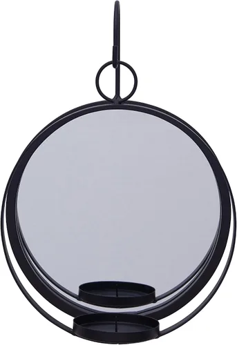Vista 2 de Danya B. Candelabro redondo de hierro forjado con espejo – Un candelabro decorativo de pared de metal rústico colgante