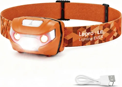 Vista 12 de Linterna frontal LED recargable faros delanteros para luces, cable USB incluido, Rojo, 5 modos, 2.85oz, Manos libres para Correr, trotar, o Negro