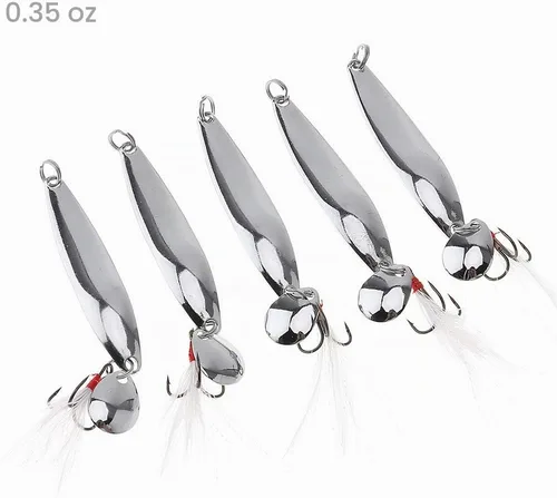Vista 9 de Kit de pesca de señuelos de cucharas de 5 piezas, cebos giratorios de metal con ganchos agudos para lubina salmón