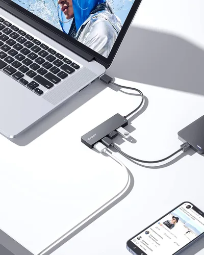 Vista 6 de BYEASY Hub USB, múltiples concentradores USB 3.0, divisor USB para portátil con puerto de alimentación tipo C, extensor para mouse, teclado, unidad