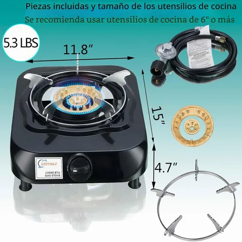 Vista 4 de Horynar Estufa de propano de un solo quemador con manguera LPG CSA de 13,000 BTU con quemador de propano único, protección de interruptor
