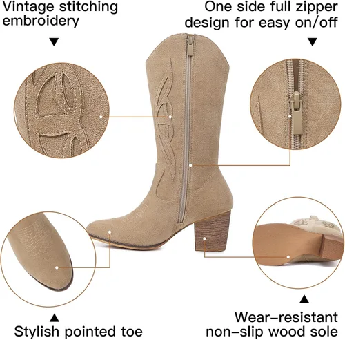Vista 3 de SHIBEVER Botas vaqueras para mujer Medio Botas vaqueras negras de pantorrilla ancha con bordado occidental de tacón alto con punta redonda
