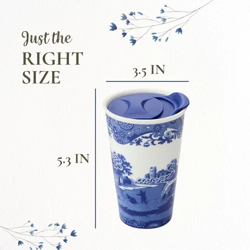 Vista 8 de Spode Taza de viaje de porcelana italiana azul de 8 onzas con tapa – Vaso con estampado escénico con borde decorativo – Taza de café de cerámica