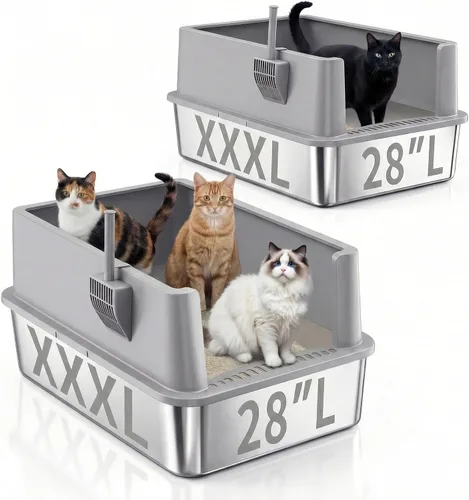 Vista 10 de Jotesnew Paquete de 2 Cajas de Arena para Gatos de Acero Inoxidable XL con Tapa y Lados Altos, 24" L x 16" A x 12" Al Cajas de Arena de Metal Extra