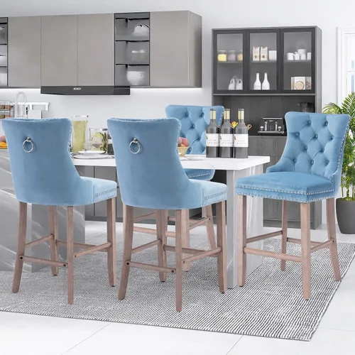 Vista 83 de SoarFlash Juego de 2 taburetes de bar tapizados de terciopelo moderno con patas de madera, botones acolchados, cabeza de clavo cromada, asiento
