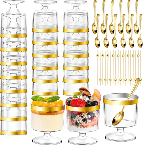 Vista 8 de DI QIU REN 120 Piezas Vasos de Postre de 5oz con Cuchara Dorada, Vaso de Plástico Transparente para Postre Parfait Aperitivo Pudín, Copas Redondas
