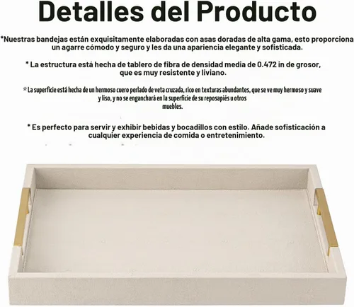 Vista 8 de Bandeja de servicio de piel sintética beige con asas, bandeja decorativa grande para mesa de café, otomana, sala de estar, baño, decoración del hogar