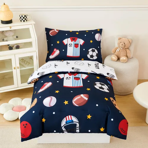 Vista 8 de PERFEMET Juego de cama de 4 piezas para niños pequeños con edredón de autos para niños, reversible, ligero, vehículos azules, juego de cama
