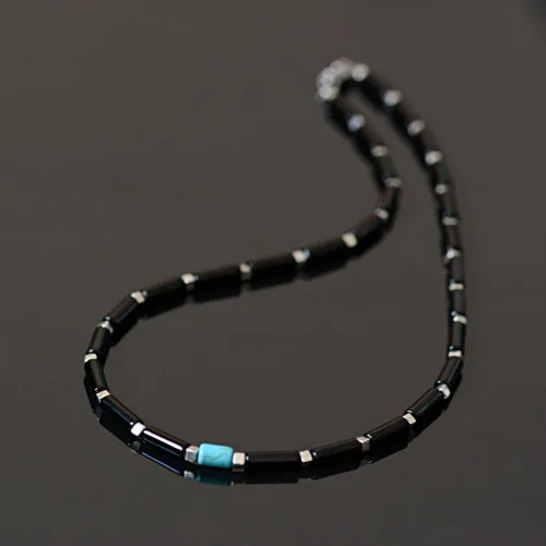 Vista 5 de Mens Short Necklace with Natural Gemstone Black Onyx and Howlite Beads Men’s Choker