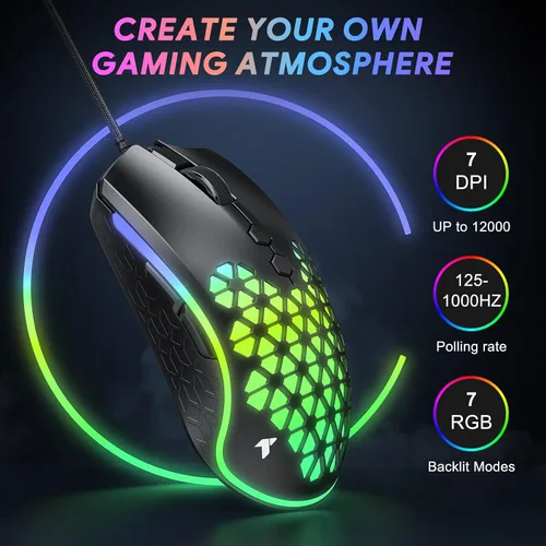 Vista 3 de TECURS Mouse para juegos con cable mouse con cable de 12000 DPI mouse óptico USB para juegos de PC con 8 botones programables mouse RGB ultraligero