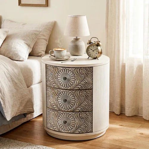 Vista 12 de HOMPUS - Mesa de noche blanca con cajón y almacenamiento, mesa de noche con motivo floral completamente ensamblada para espacios pequeños, mesa