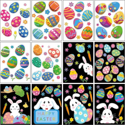Vista 2 de CCINEE Lindas calcomanías de Pascua para decoración del hogar, huevos de Pascua de conejito para ventanas, 12 hojas