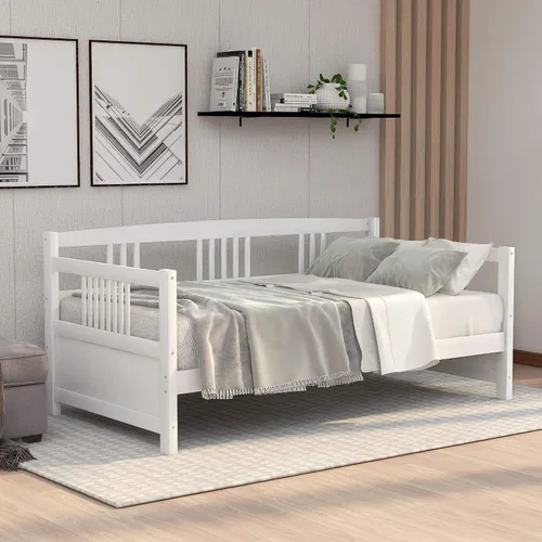 Vista 9 de Flieks Sofá cama de madera maciza, marco de cama de tamaño individual, sofá cama multifuncional para niños/dormitorio de invitados, no requiere