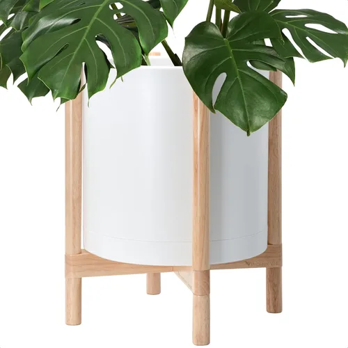 Vista 27 de Maceta de D'vine Dev con soporte - Maceta de flores de cilindro de plástico de 8.0 pulgadas con soporte de madera para interiores, maceta mate negra