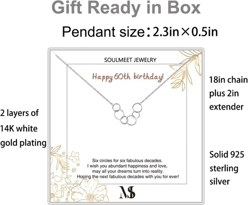 Vista 6 de SOULMEET Collar de regalo de cumpleaños número 60, 50, 40 y 30 para mujeres, mamá, collar circular de plata de ley para ella, cada círculo para un