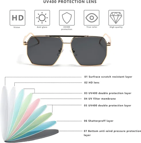 Vista 5 de LASPOR Gafas de sol cuadradas retro de gran tamaño para mujeres y hombres, con sombras vintage, UV400, gafas de sol grandes con marco de metal